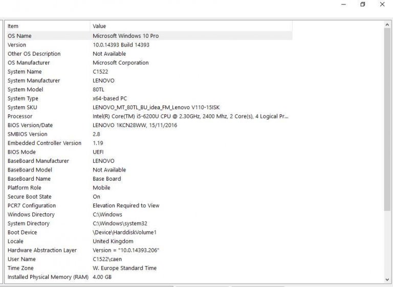 System information screen