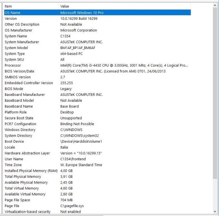 Typical system information of a PC with Legacy BIOS