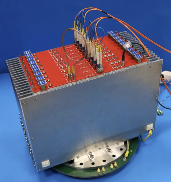 Crate housing 9 boards, mounted on top of the signal flange