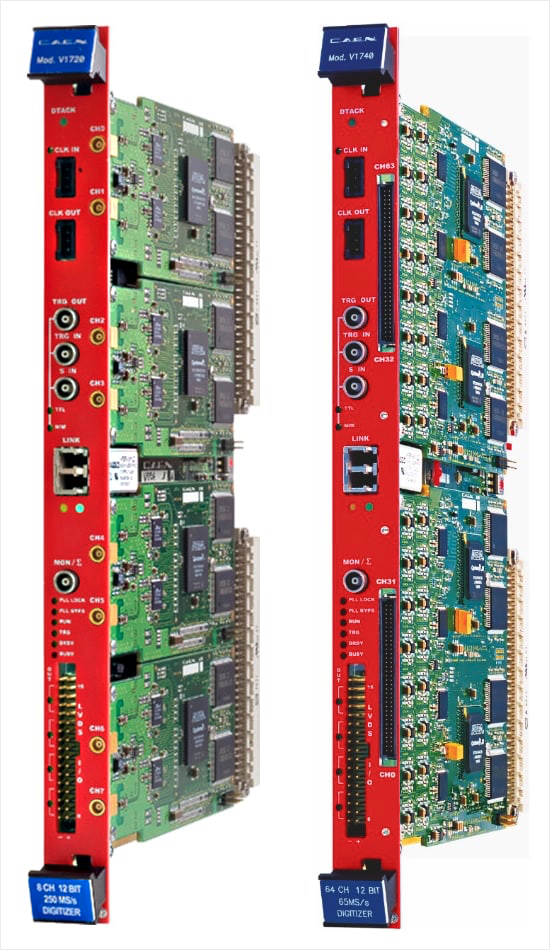 V1720 8 Channel 12bit 250MS/s (left) and V1740 64 Channel 12bit Digitizers